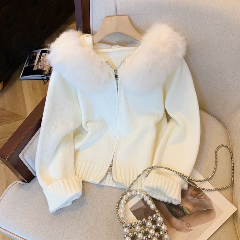 Women's Fur Collar Hooded Knit Cardigan with Double Zipper
