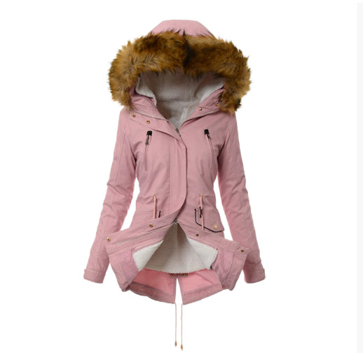 Women’s Winter Fur-Lined Parka Jacket – Hooded Mid-Length Warm Coat