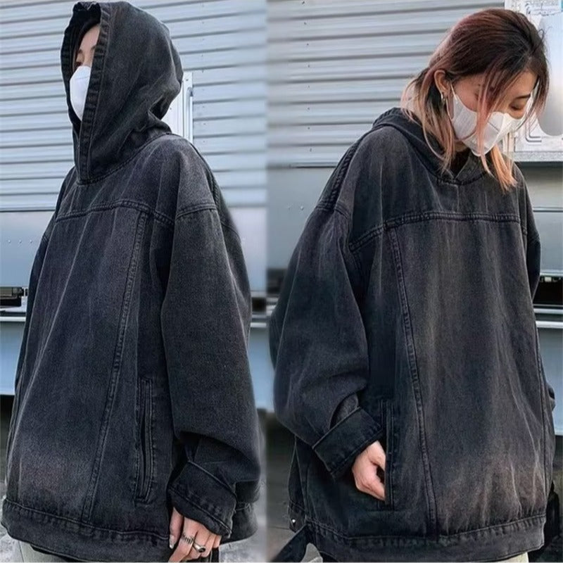 Men’s Retro Hooded Denim Jacket – Casual Polyester-Lined Street Style Coat for Daily Wear