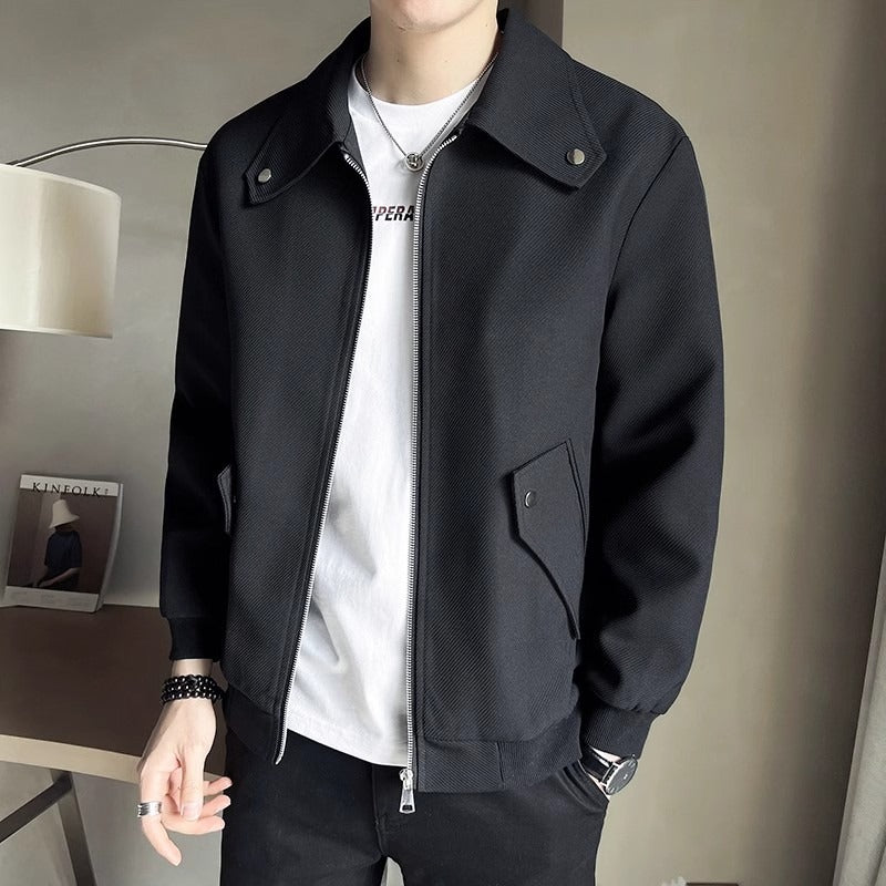 Men’s Casual Zip-Up Jacket – Khaki & Black Lightweight Spring Fall Coat