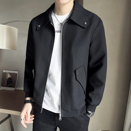 Men’s Casual Zip-Up Jacket – Khaki & Black Lightweight Spring Fall Coat
