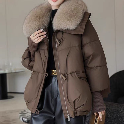 Women’s Winter Fur-Collar Puffer Jacket – Short Thick Warm Coat with Zipper