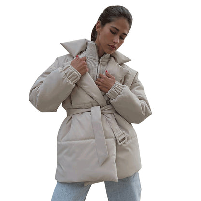 Women’s Belted Puffer Jacket – Slim Fit Winter Cotton Coat