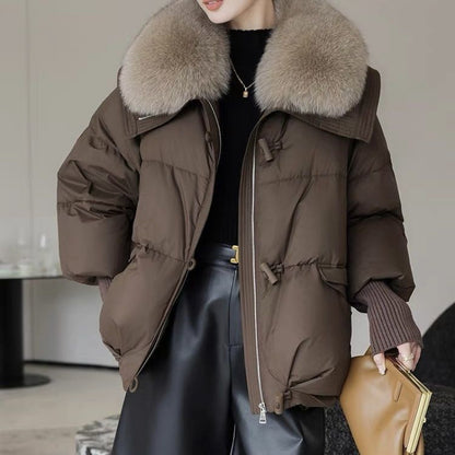 Women’s Winter Fur-Collar Puffer Jacket – Short Thick Warm Coat with Zipper