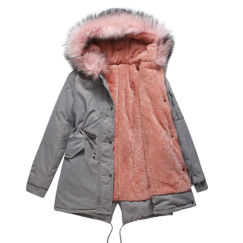 Women’s Winter Fur-Lined Parka Jacket – Hooded Mid-Length Warm Coat