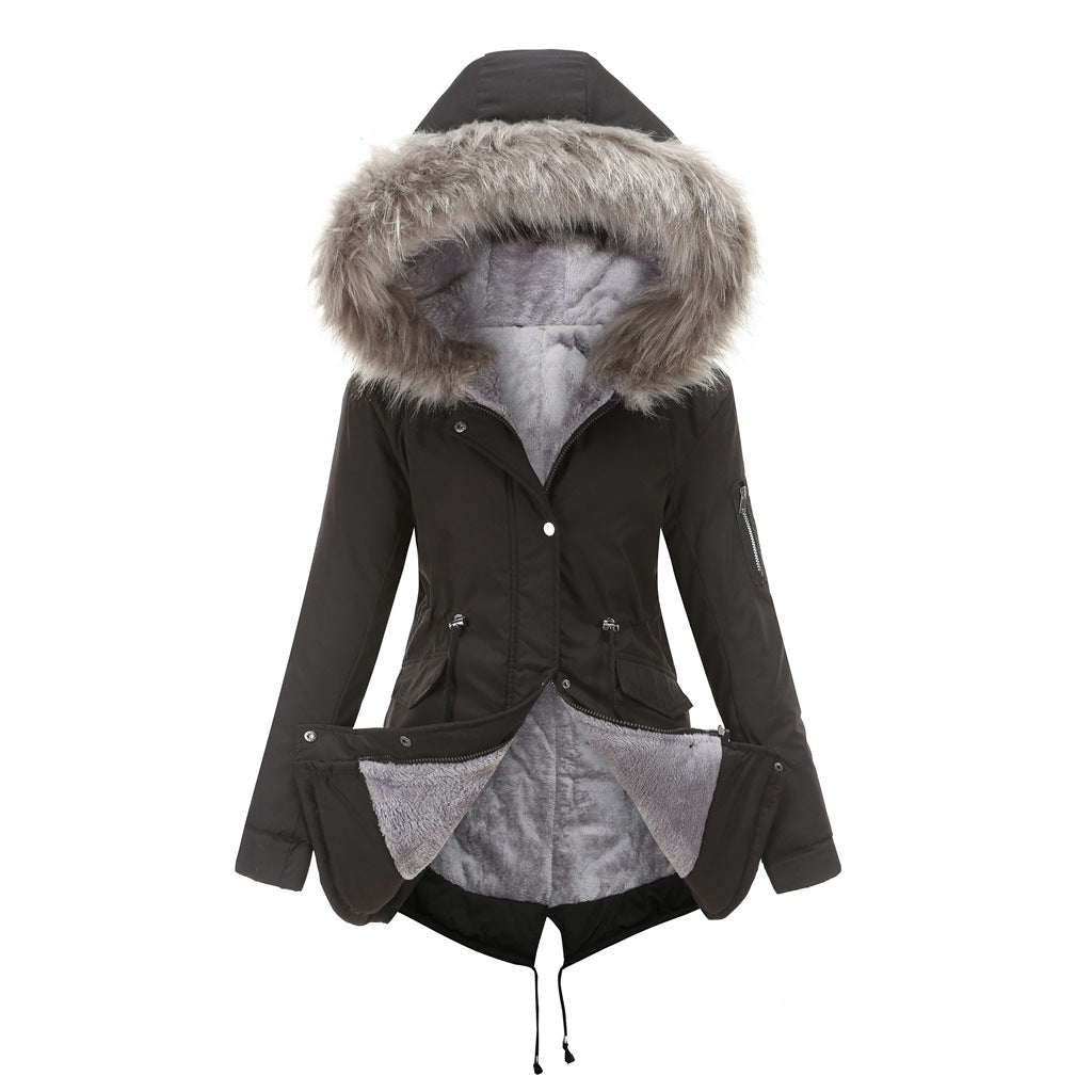 Women’s Winter Fur-Lined Parka Jacket – Hooded Mid-Length Warm Coat