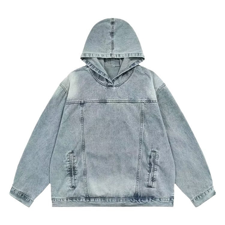 Men’s Retro Hooded Denim Jacket – Casual Polyester-Lined Street Style Coat for Daily Wear