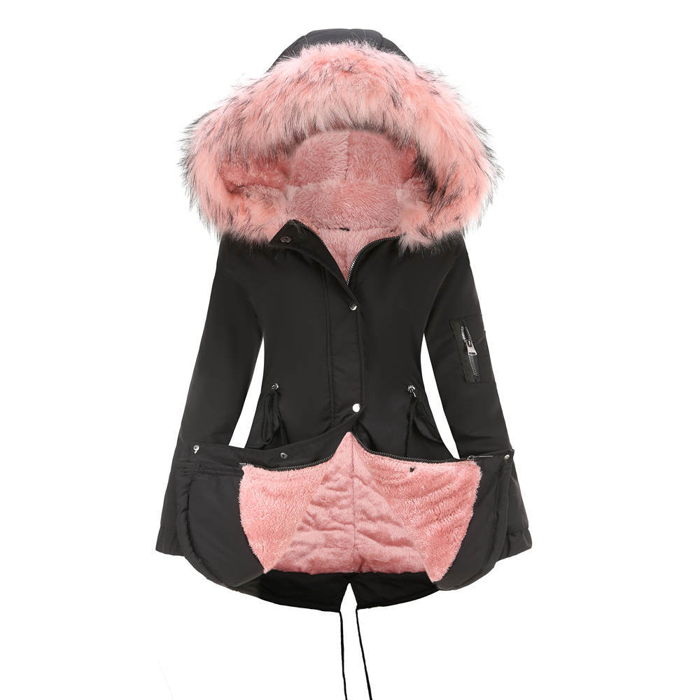 Women’s Winter Fur-Lined Parka Jacket – Hooded Mid-Length Warm Coat