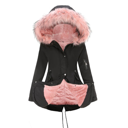 Women’s Winter Fur-Lined Parka Jacket – Hooded Mid-Length Warm Coat