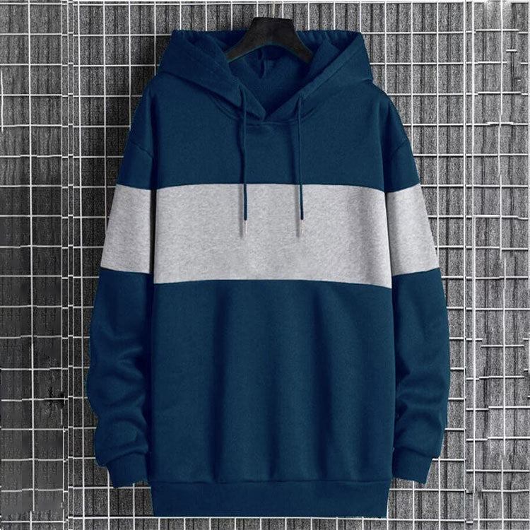 Men’s Color-Block Hoodie – Casual Loose Fit Patchwork Pullover