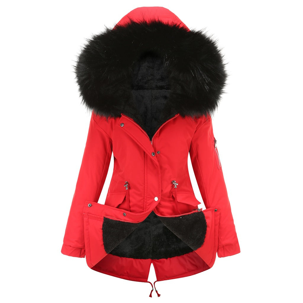 Women’s Winter Fur-Lined Parka Jacket – Hooded Mid-Length Warm Coat
