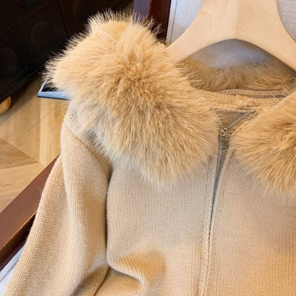 Women's Fur Collar Hooded Knit Cardigan with Double Zipper