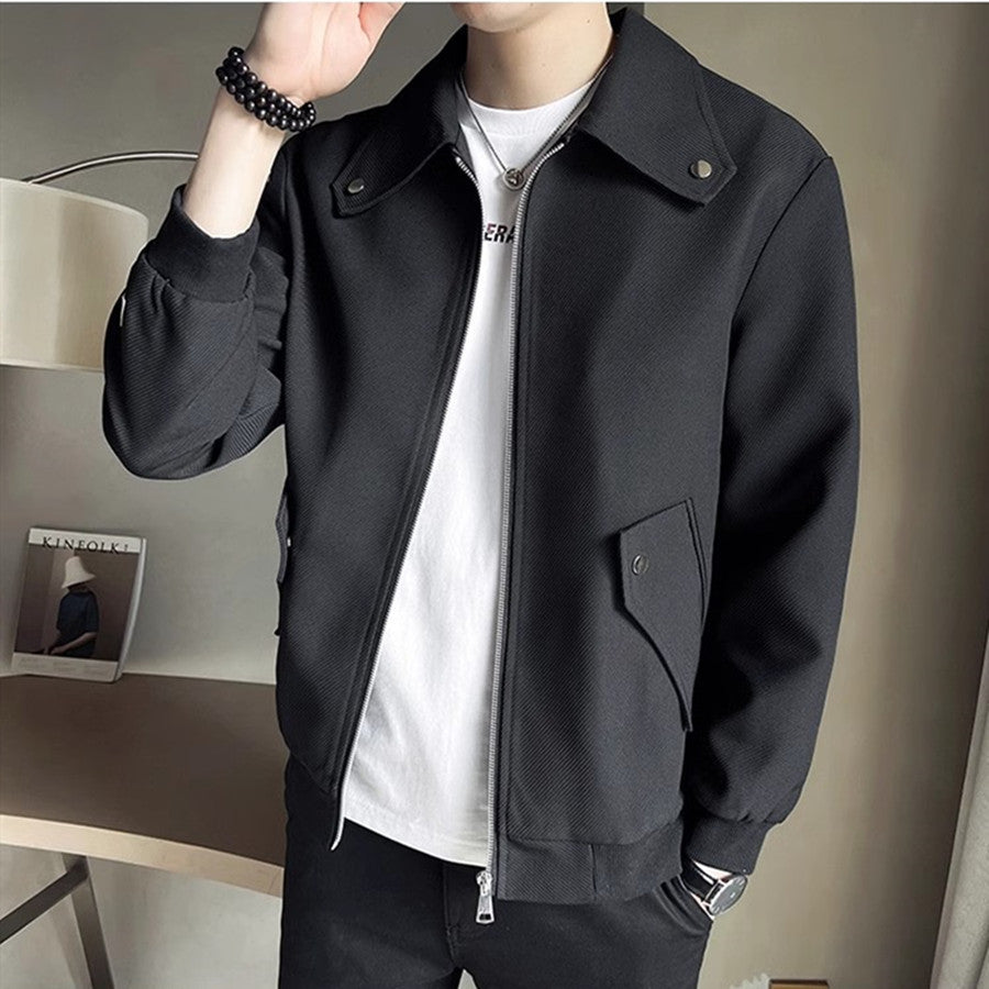 Men’s Casual Zip-Up Jacket – Khaki & Black Lightweight Spring Fall Coat