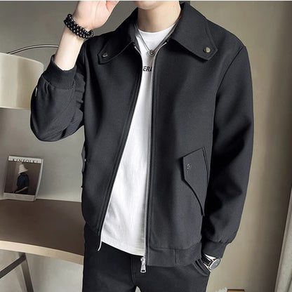 Men’s Casual Zip-Up Jacket – Khaki & Black Lightweight Spring Fall Coat