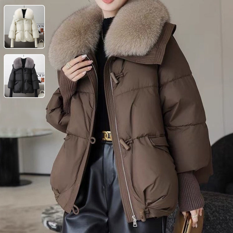 Women’s Winter Fur-Collar Puffer Jacket – Short Thick Warm Coat with Zipper