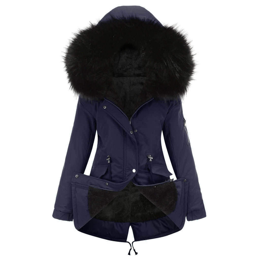 Women’s Winter Fur-Lined Parka Jacket – Hooded Mid-Length Warm Coat