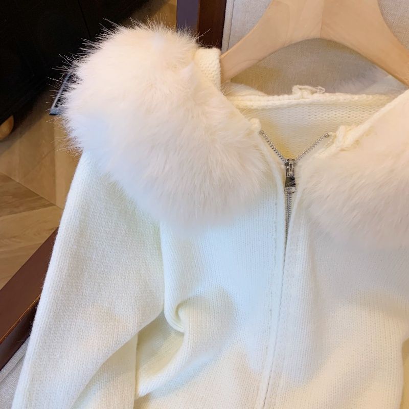 Women's Fur Collar Hooded Knit Cardigan with Double Zipper