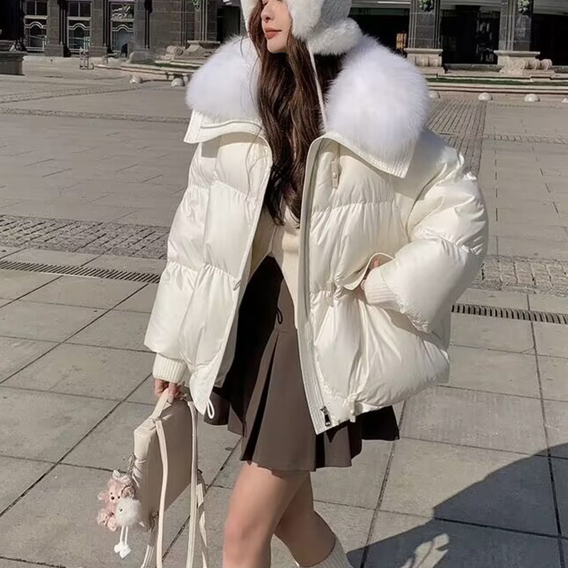 Women’s Winter Fur-Collar Puffer Jacket – Short Thick Warm Coat with Zipper