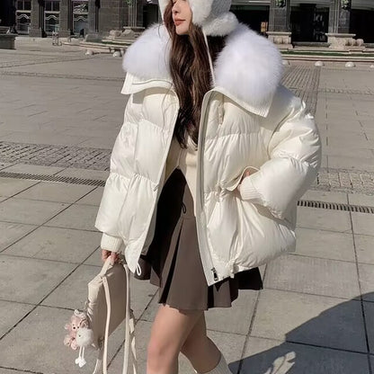 Women’s Winter Fur-Collar Puffer Jacket – Short Thick Warm Coat with Zipper