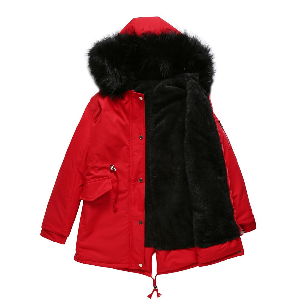 Women’s Winter Fur-Lined Parka Jacket – Hooded Mid-Length Warm Coat