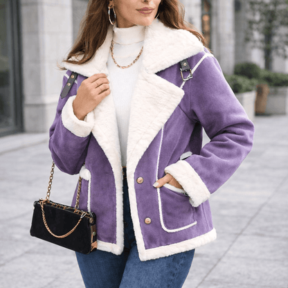 Women’s Winter Plush Polo Collar Jacket – Korean Style Warm Batwing Coat