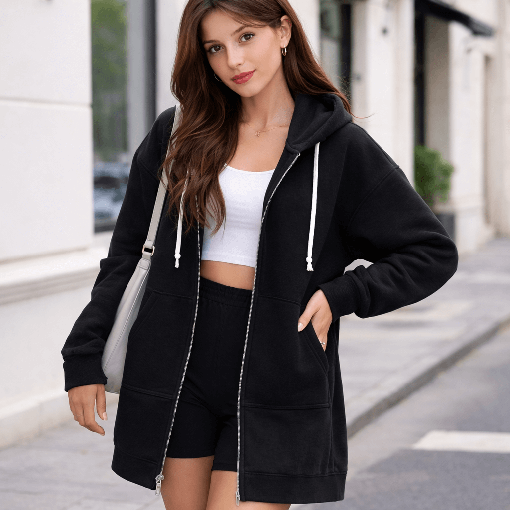 Women’s Long Zip-Up Hoodie Jacket – Casual Hooded Sweatshirt Coat