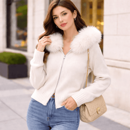 Women's Fur Collar Hooded Knit Cardigan with Double Zipper