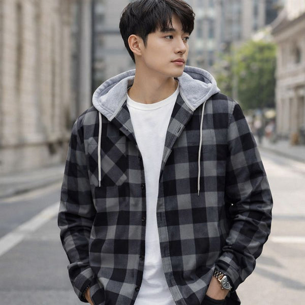 Men’s Long Sleeve Plaid Hooded Shirt Jacket – Relaxed Fit Autumn Button-Down Layer