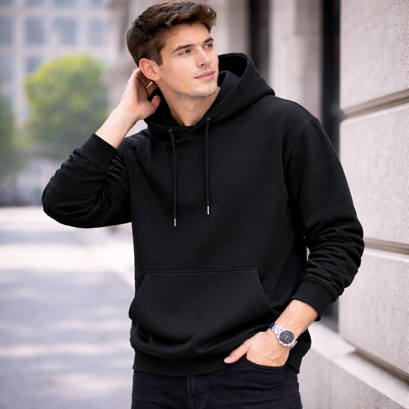 Men’s Solid Color Hooded Jumper – Loose Fit Mid-Length Pullover Hoodie with Long Sleeves