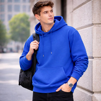 Men’s Solid Color Hooded Jumper – Loose Fit Mid-Length Pullover Hoodie with Long Sleeves