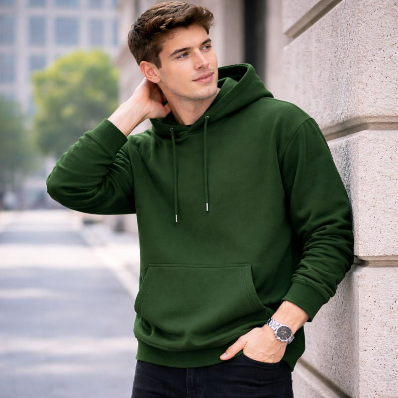Men’s Solid Color Hooded Jumper – Loose Fit Mid-Length Pullover Hoodie with Long Sleeves