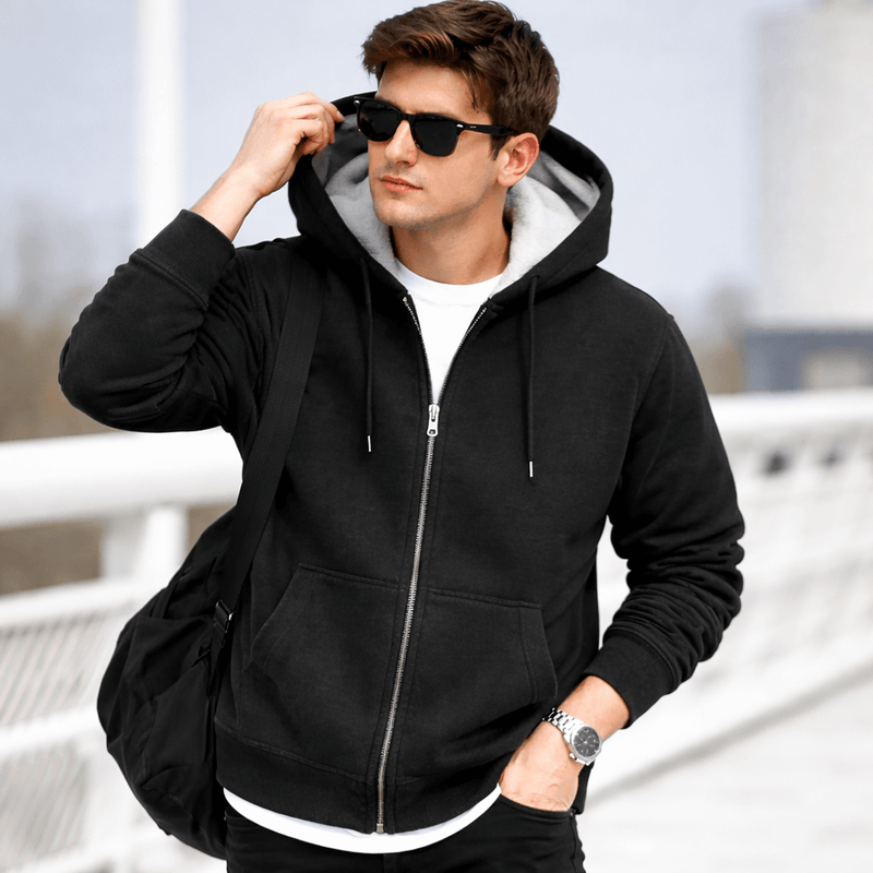 Men’s Fleece-Lined Zip-Up Hoodie – Casual Autumn & Winter Jacket