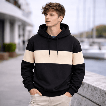 Men’s Color-Block Hoodie – Casual Loose Fit Patchwork Pullover