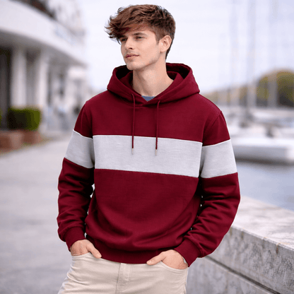 Men’s Color-Block Hoodie – Casual Loose Fit Patchwork Pullover