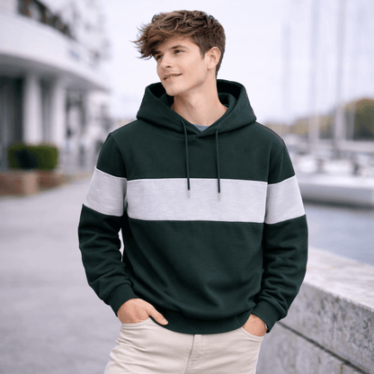 Men’s Color-Block Hoodie – Casual Loose Fit Patchwork Pullover