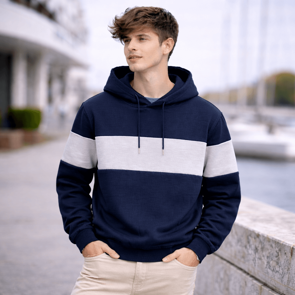 Men’s Color-Block Hoodie – Casual Loose Fit Patchwork Pullover