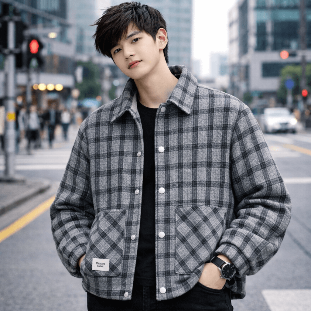 Men’s Plus-Size Color-Block Plaid Shirt Jacket – Casual Long Sleeve Shacket