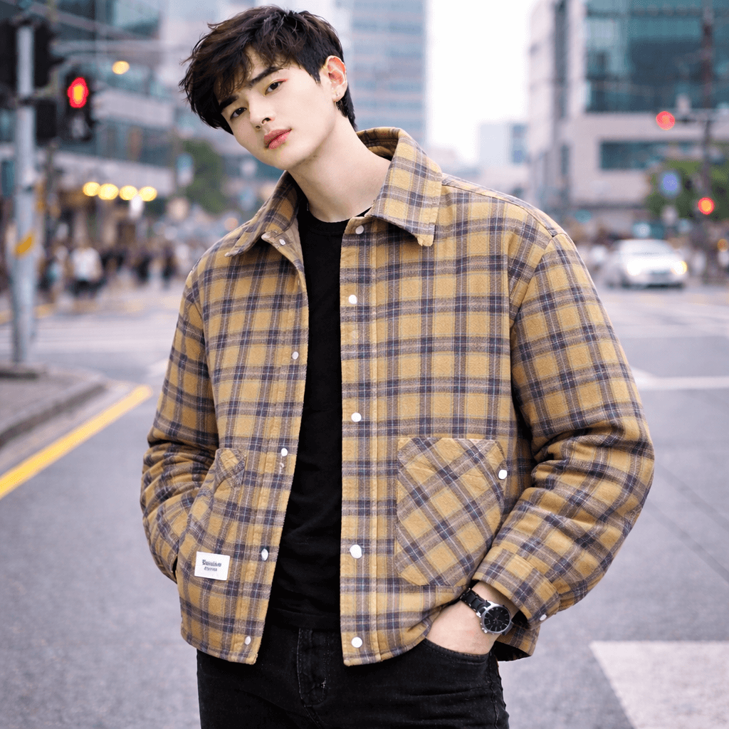 Men’s Plus-Size Color-Block Plaid Shirt Jacket – Casual Long Sleeve Shacket