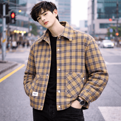 Men’s Plus-Size Color-Block Plaid Shirt Jacket – Casual Long Sleeve Shacket