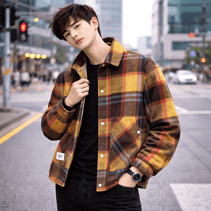 Men’s Plus-Size Color-Block Plaid Shirt Jacket – Casual Long Sleeve Shacket