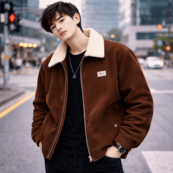 Men’s Fleece-Lined Corduroy Jacket – Winter Smart Casual Zip-Up Coat