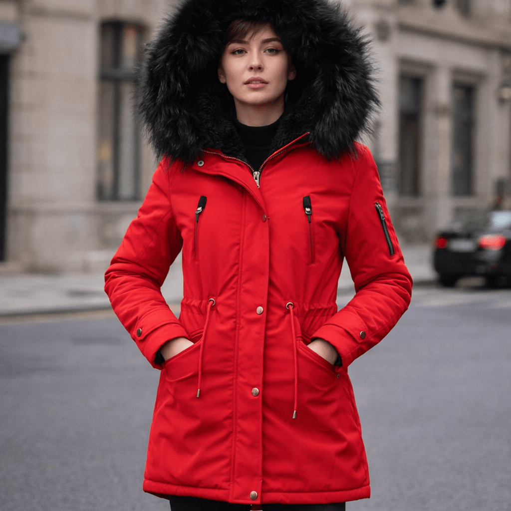 Women’s Winter Fur-Lined Parka Jacket – Hooded Mid-Length Warm Coat