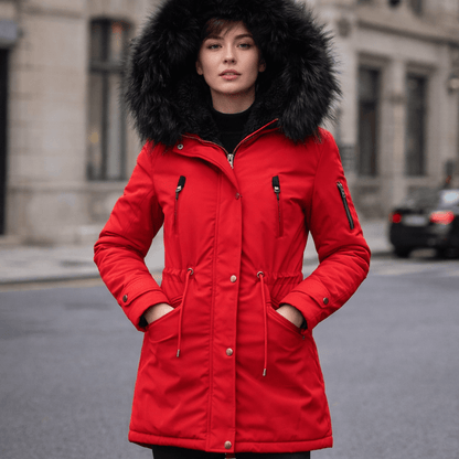 Women’s Winter Fur-Lined Parka Jacket – Hooded Mid-Length Warm Coat