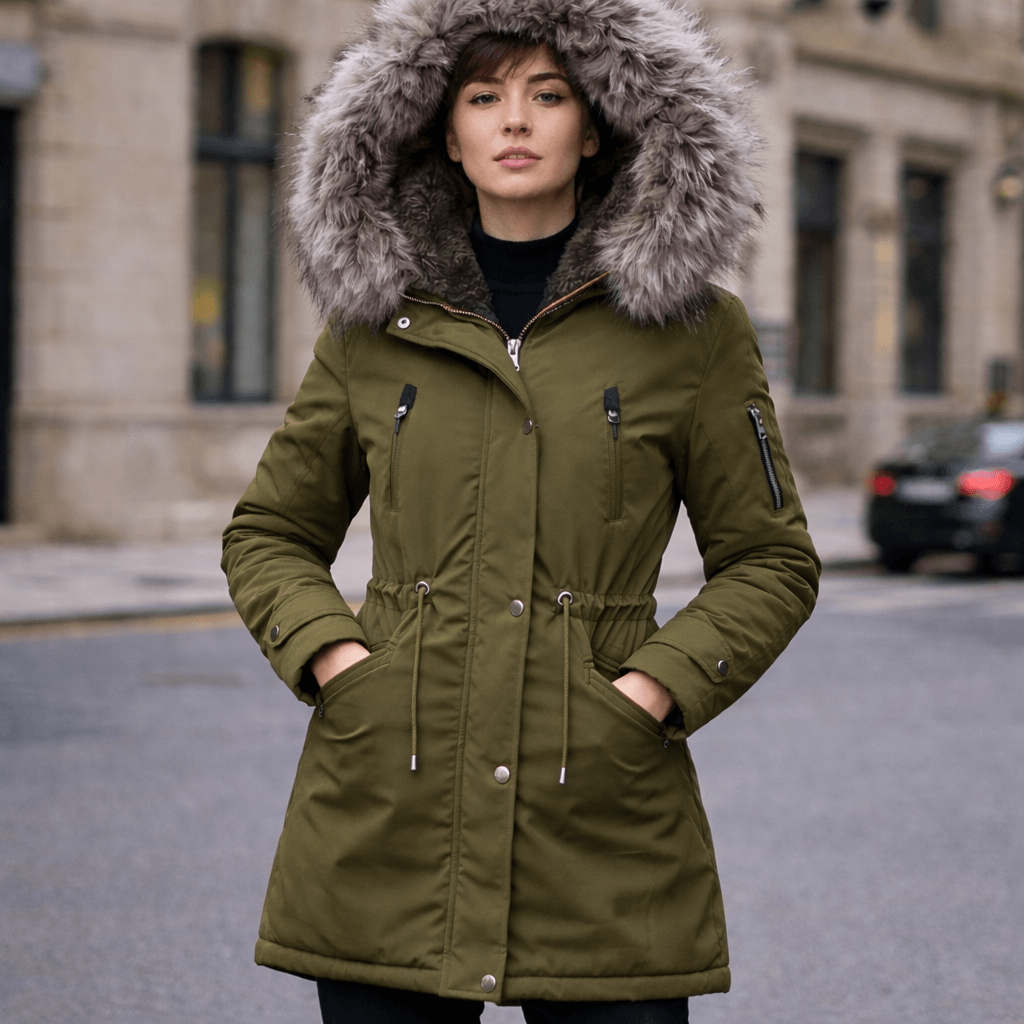 Women’s Winter Fur-Lined Parka Jacket – Hooded Mid-Length Warm Coat