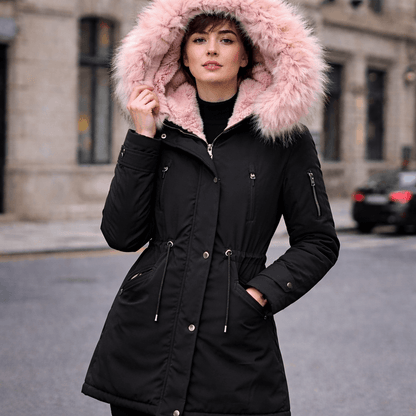 Women’s Winter Fur-Lined Parka Jacket – Hooded Mid-Length Warm Coat