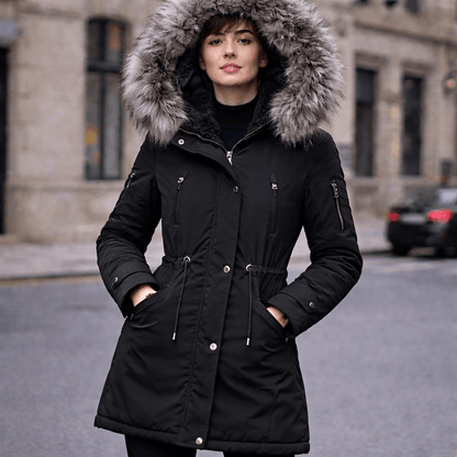 Women’s Winter Fur-Lined Parka Jacket – Hooded Mid-Length Warm Coat