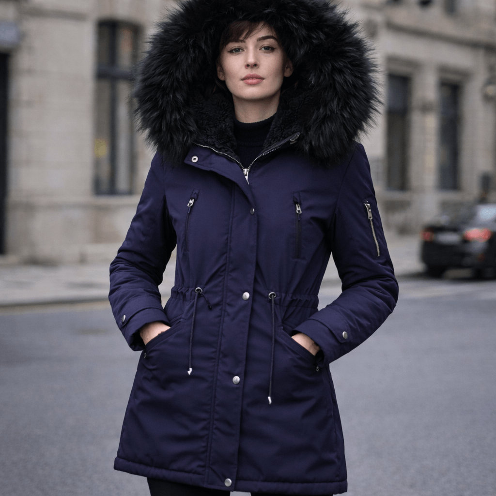 Women’s Winter Fur-Lined Parka Jacket – Hooded Mid-Length Warm Coat