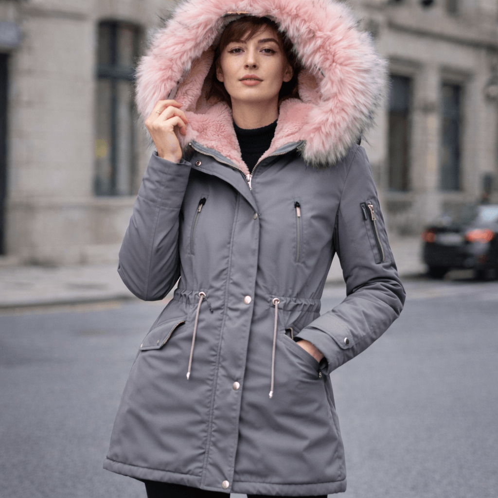 Women’s Winter Fur-Lined Parka Jacket – Hooded Mid-Length Warm Coat