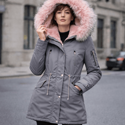 Women’s Winter Fur-Lined Parka Jacket – Hooded Mid-Length Warm Coat