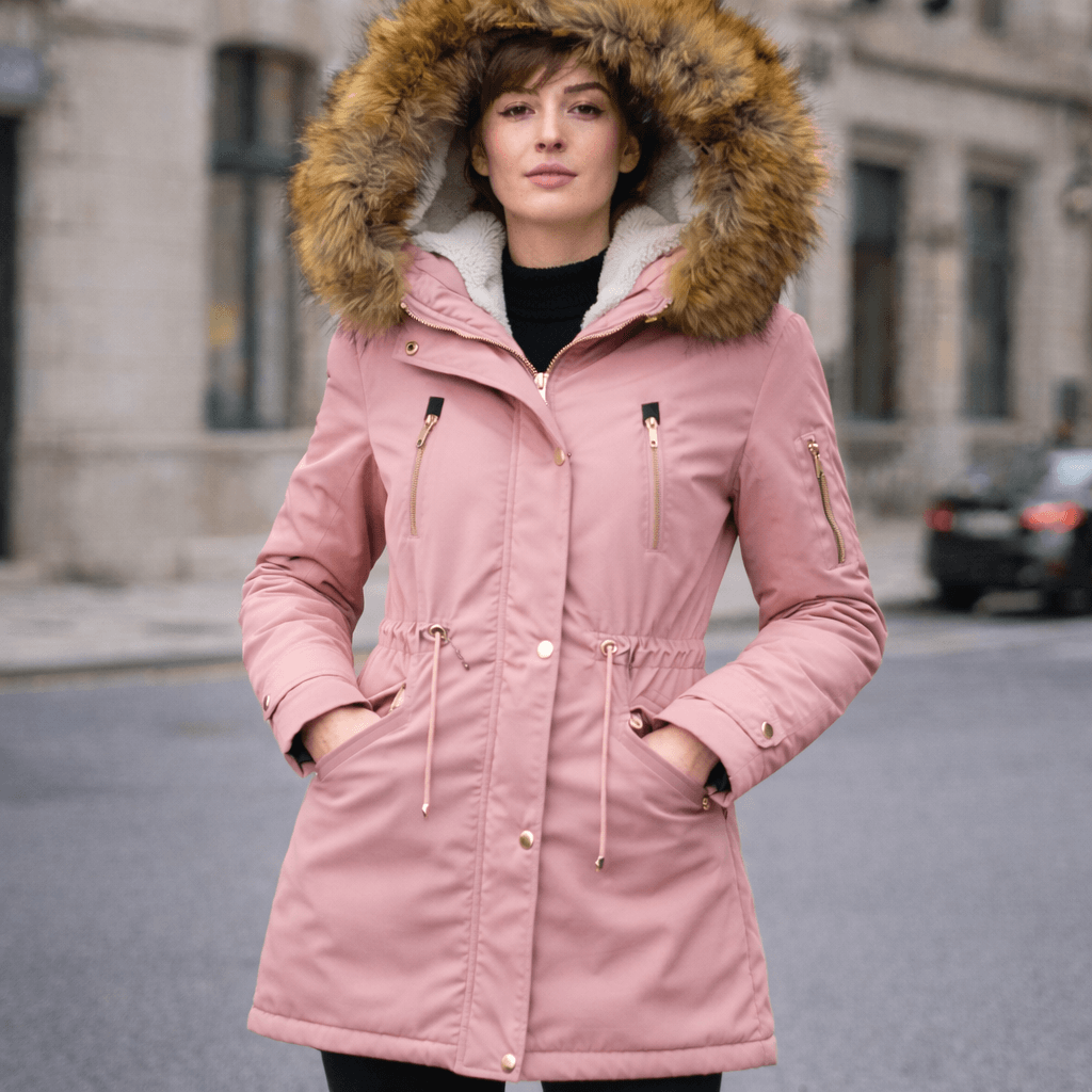 Women’s Winter Fur-Lined Parka Jacket – Hooded Mid-Length Warm Coat